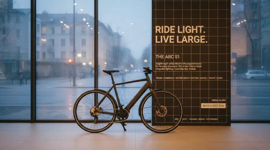 Showroom photo of a premium electric bike beside a floor-to-ceiling advertising panel full of typography, generated on getimg.ai with Nano Banana for an AI image realism test.