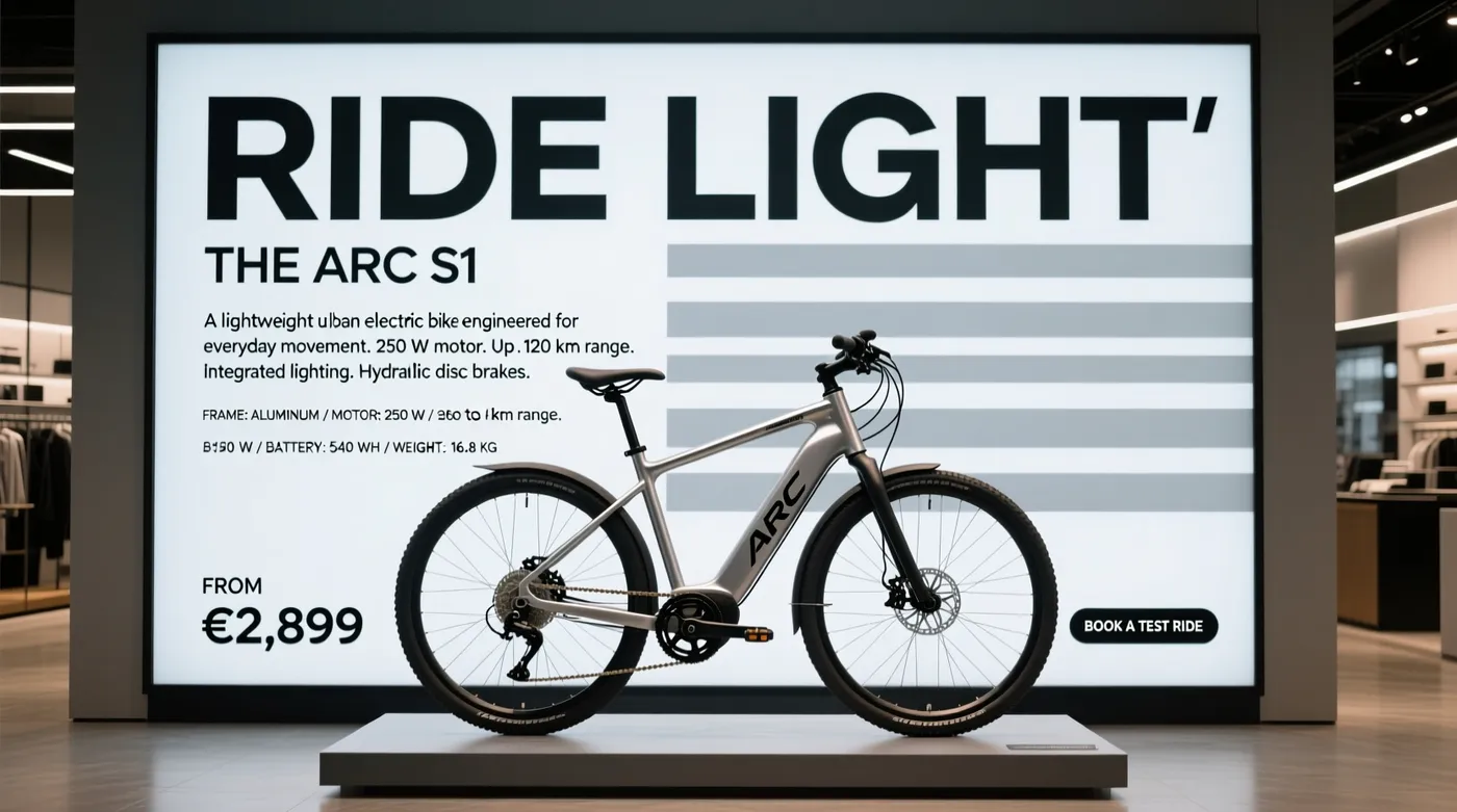 Showroom photo of a premium electric bike beside a floor-to-ceiling advertising panel full of typography, generated on getimg.ai with Qwen Image for an AI image realism test.