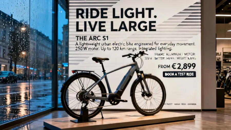 Showroom photo of a premium electric bike beside a floor-to-ceiling advertising panel full of typography, generated on getimg.ai with Seedream 4 for an AI image realism test.