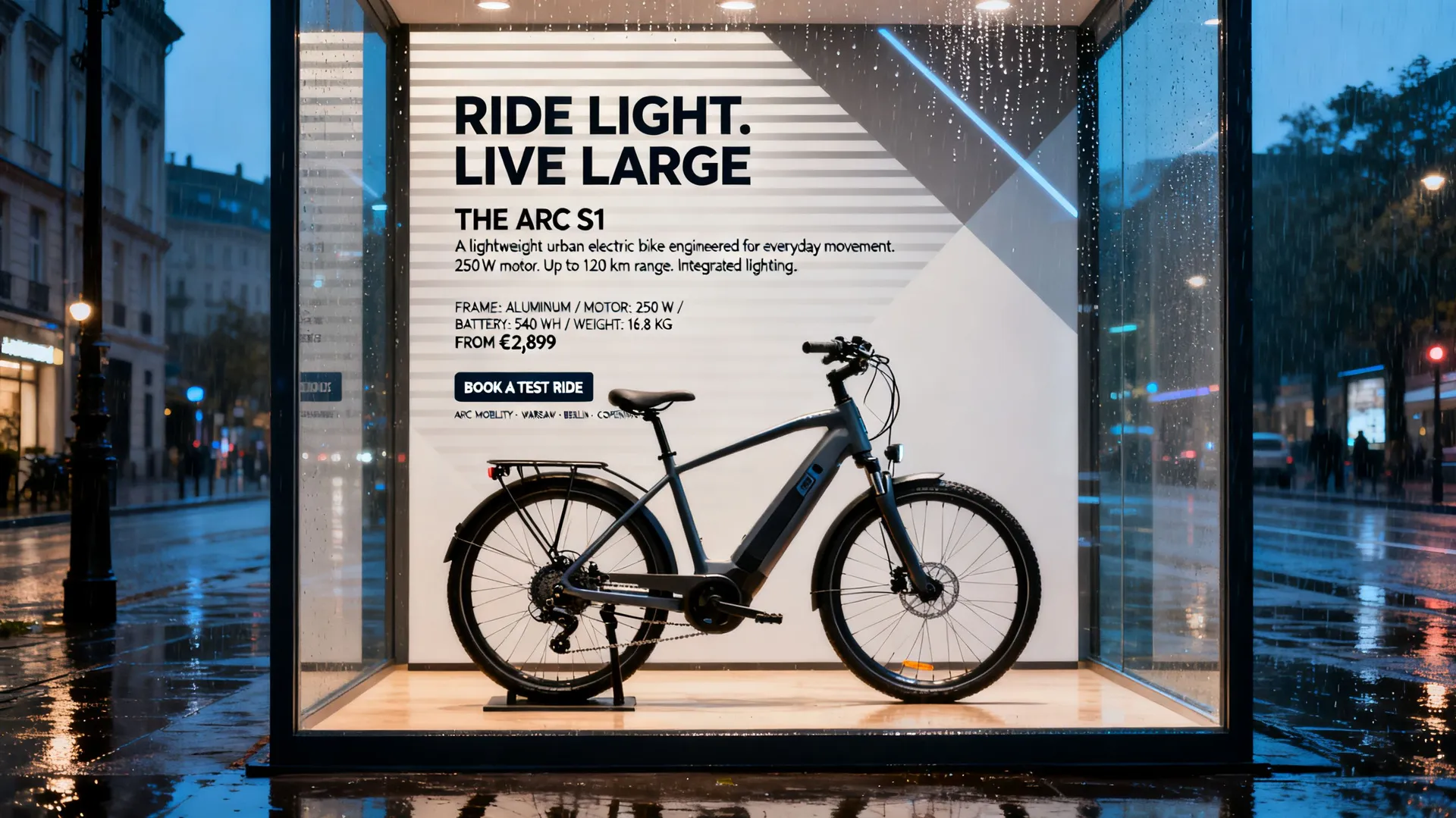 Showroom photo of a premium electric bike beside a floor-to-ceiling advertising panel full of typography, generated on getimg.ai with Seedream 4.5 for an AI image realism test.