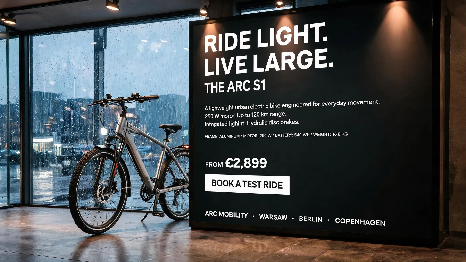 Showroom photo of a premium electric bike beside a floor-to-ceiling advertising panel full of typography, generated on getimg.ai with Seedream 5.0 Lite for an AI image realism test.