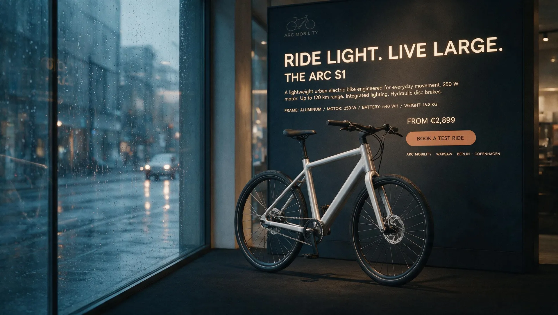 Showroom photo of a premium electric bike beside a floor-to-ceiling advertising panel full of typography, generated on getimg.ai with Seedream 5.0 Pro for an AI image realism test.
