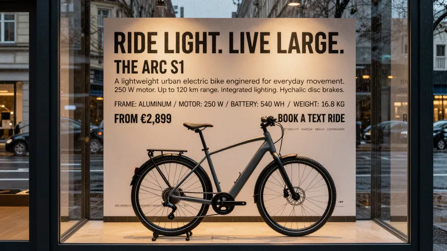 Showroom photo of a premium electric bike beside a floor-to-ceiling advertising panel full of typography, generated on getimg.ai with Z-Image Turbo for an AI image realism test.