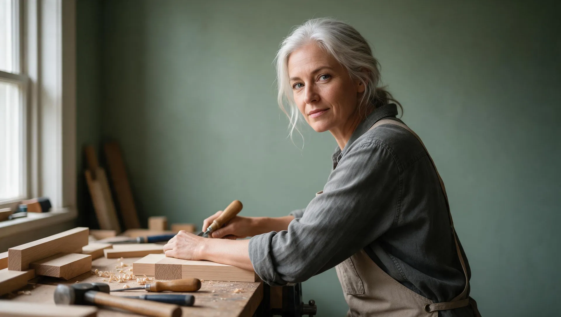 Silver-haired woman at a carpentry bench turned toward the camera in soft window light, sage green wall behind her, hand tools and offcuts on the bench. A text-to-image portrait prompt example generated on getimg.ai with Seedream 5.0 Pro.