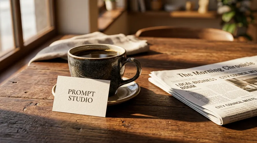 Window-lit wooden table with a speckled stoneware cup, a card reading PROMPT STUDIO and a newspaper whose Morning Chronicle masthead and headlines are legible, generated on getimg.ai with Nano Banana 2 from a shared text-to-image test prompt.