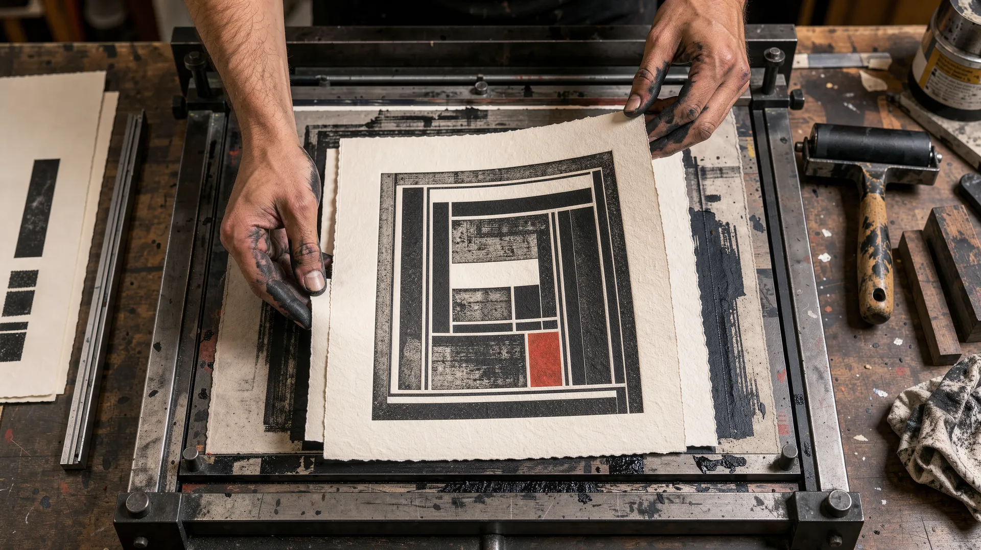 Overhead shot of a letterpress printer's ink-stained hands peeling a freshly printed sheet of cotton paper off the press bed, the print an abstract black geometric pattern with one vermilion block, lit by hard raking light from the right. Generated on getimg.ai with FLUX 3.