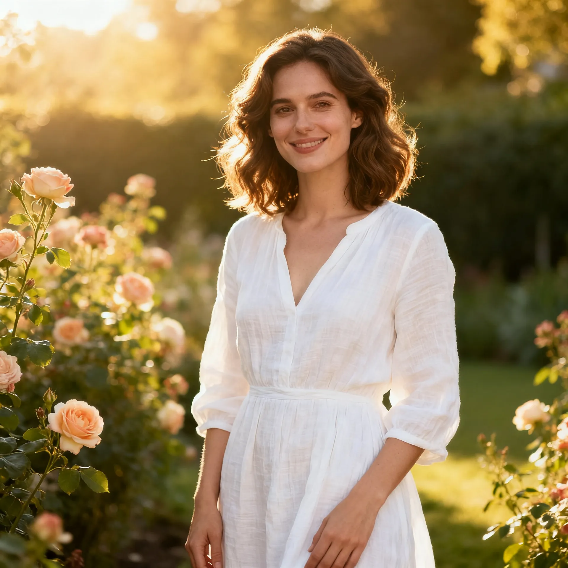 Smiling woman in a white linen dress in a rose garden at golden hour, the result of the two-word text-to-image prompt A woman, generated on getimg.ai to show how little direction a bare subject gives the model.