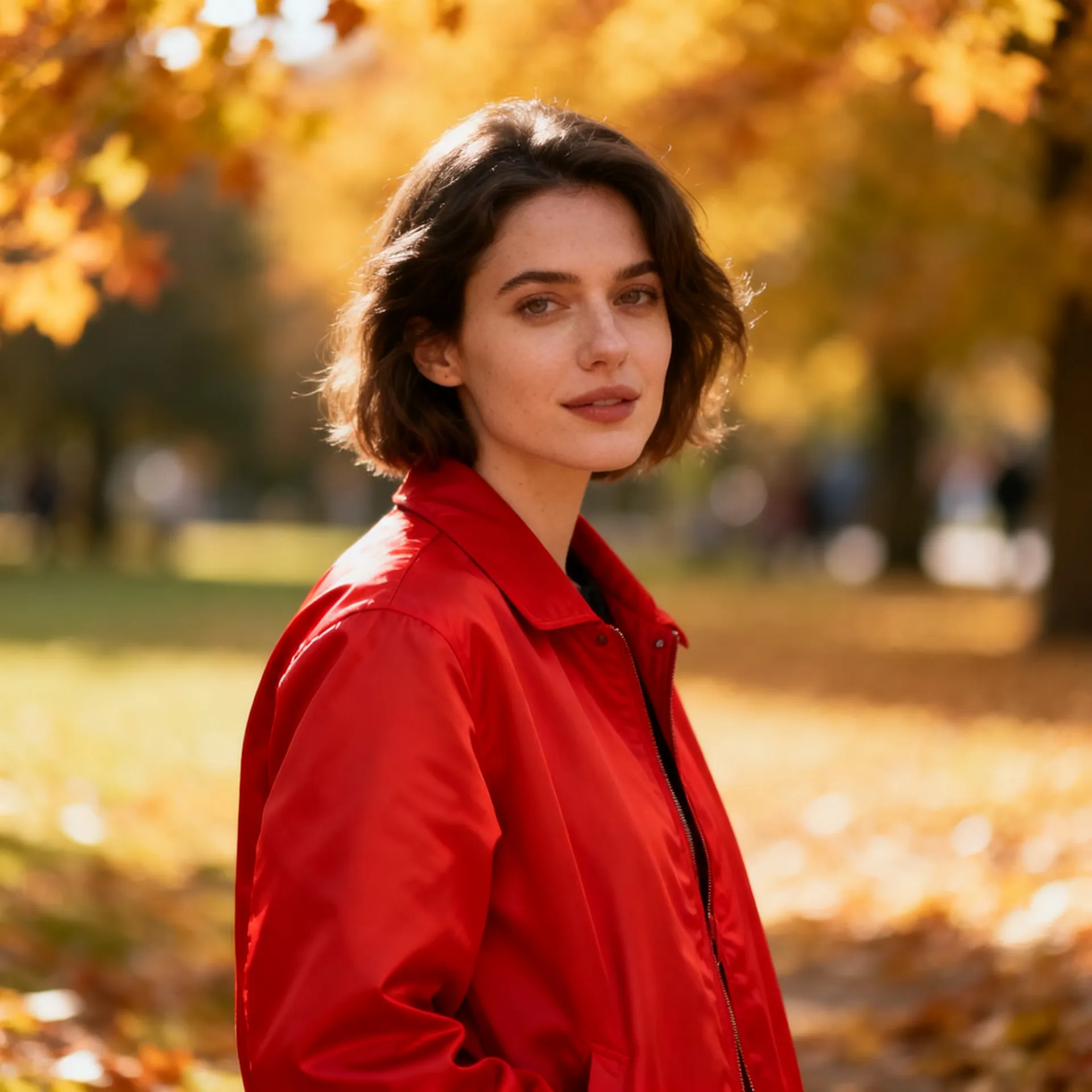 Woman in a bright red jacket in an autumn park, the result of the text-to-image prompt A woman in a red jacket, generated on getimg.ai to show that adding wardrobe still leaves setting and framing to the model.
