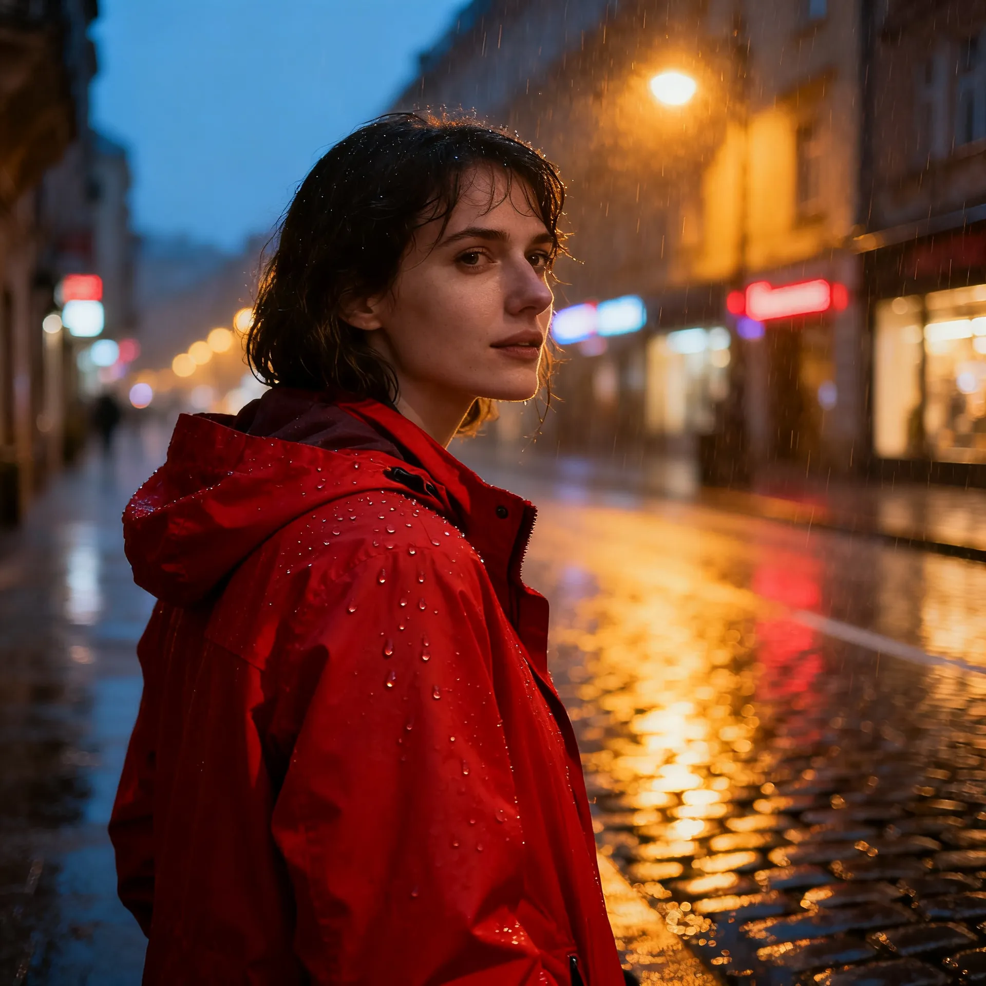 Wide shot of a woman in a red jacket on a wet neon-lit street at dusk, generated on getimg.ai after adding environment to the text prompt, with the model choosing its own wide establishing framing.