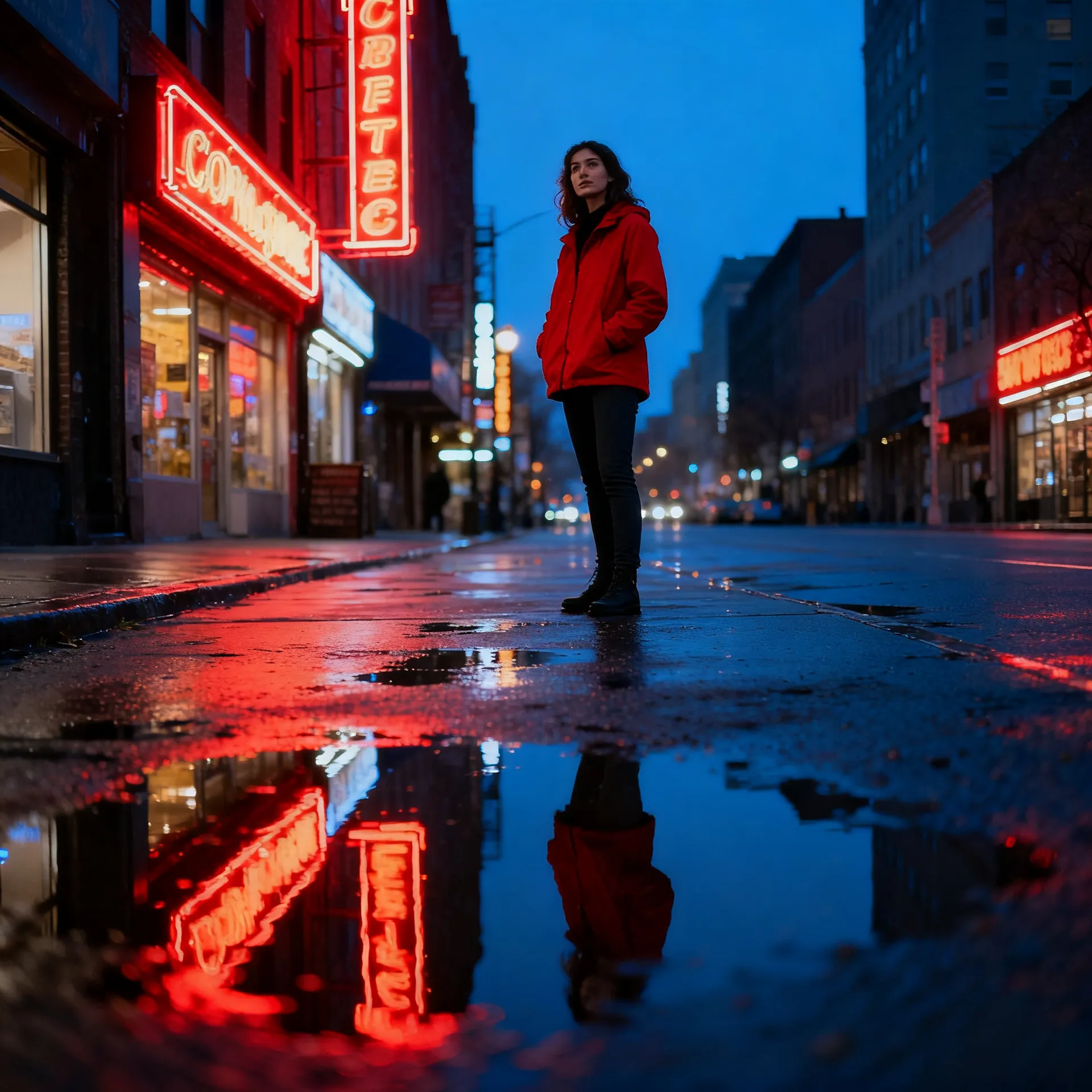 Medium shot of a woman in a red jacket in falling rain under warm street light with cool blue shadows, generated on getimg.ai after adding composition, lens, lighting and palette to the text prompt.