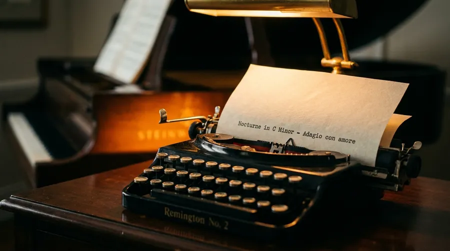 A vintage typewriter resting on a grand piano with a typed sheet reading Nocturne in C Minor, Adagio con amore, representing turning a written brief into music. Image generated with getimg.ai.