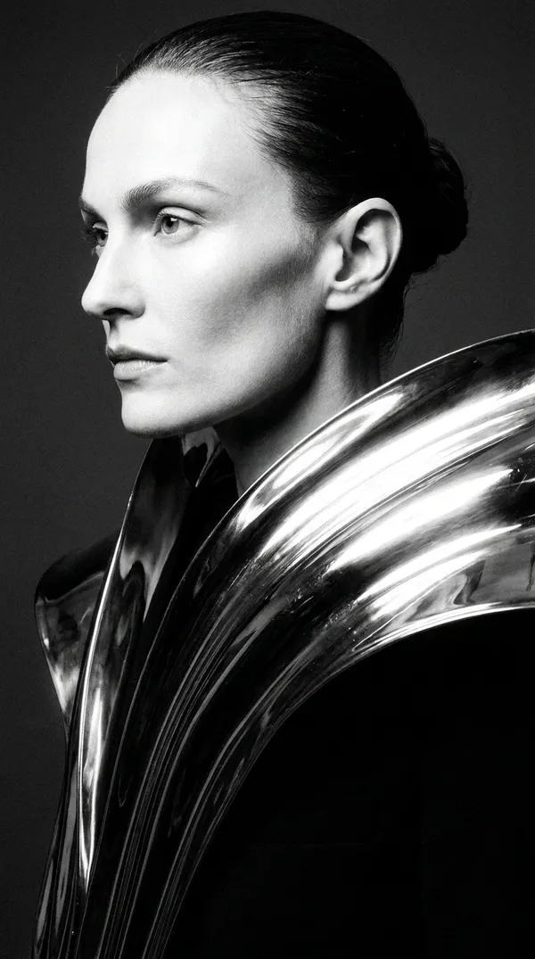 Starting still for an image-to-video comparison on getimg.ai, vertical: a studio portrait of a woman in an oversized chrome sculptural collar under hard single-source light.