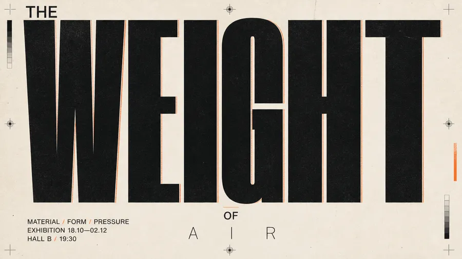 AI-generated exhibition poster with bold black condensed typography reading 'The Weight of Air' on a cream textured background with orange accents, created with getimg.ai to show type rendered inside the artwork.