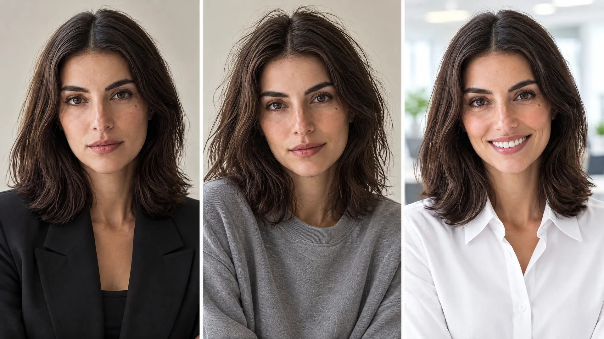 An AI-generated three-panel comparison of Mara in a black blazer, a grey sweatshirt and a white shirt, showing her face held across outfits while the brightest office panel drifts slightly cooler; created on getimg.ai.