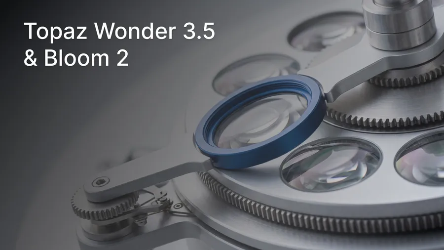 ` precision rotating lens carousel captured as one optical element is being replaced with a new one, illustrating topaz wonder 3.5 and topaz bloom 2 ai image upscaling models replacing topaz wonder 2 and topaz bloom realism on getimg.ai