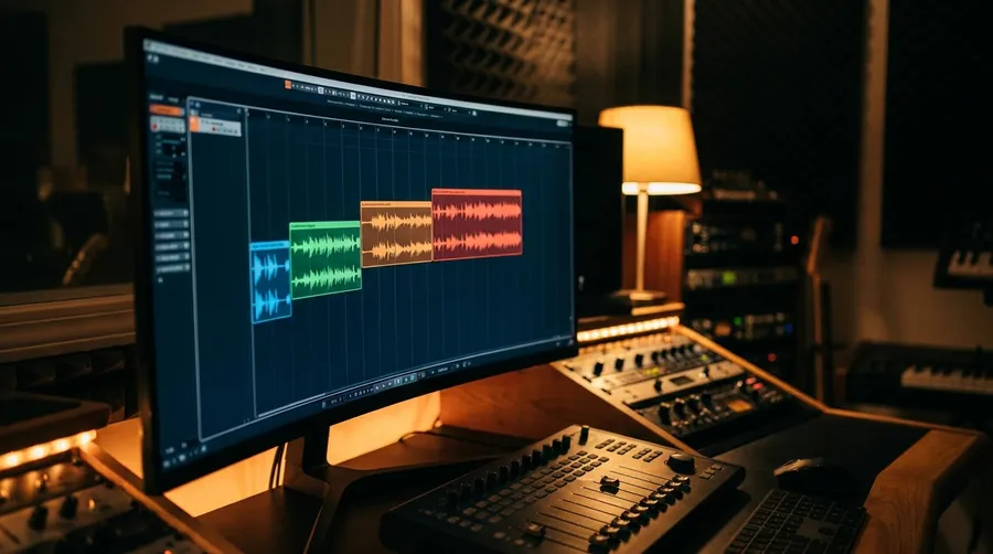 An audio editing timeline on a studio monitor showing four separate audio regions of increasing length, representing the choice between 30-second, 1, 2 and 3 minute generations. Image generated with getimg.ai.