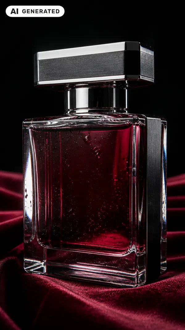 AI-generated product shot of a rectangular glass perfume bottle filled with deep burgundy liquid and capped in brushed silver, resting on draped dark-red velvet against a black background. The white "AI Generated" EU disclosure label appears in the top-left corner. Generated on getimg.ai.