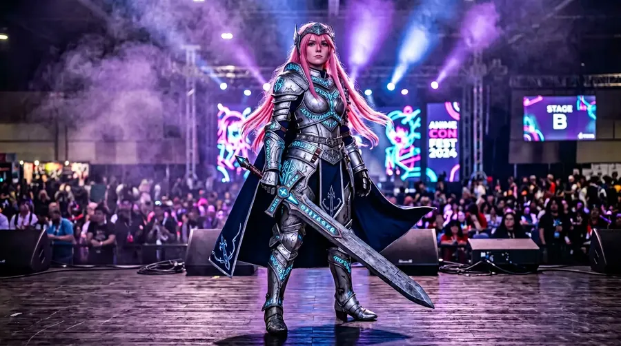 Silver-armored anime knight cosplay with pink hair and glowing runes, convention stage lighting