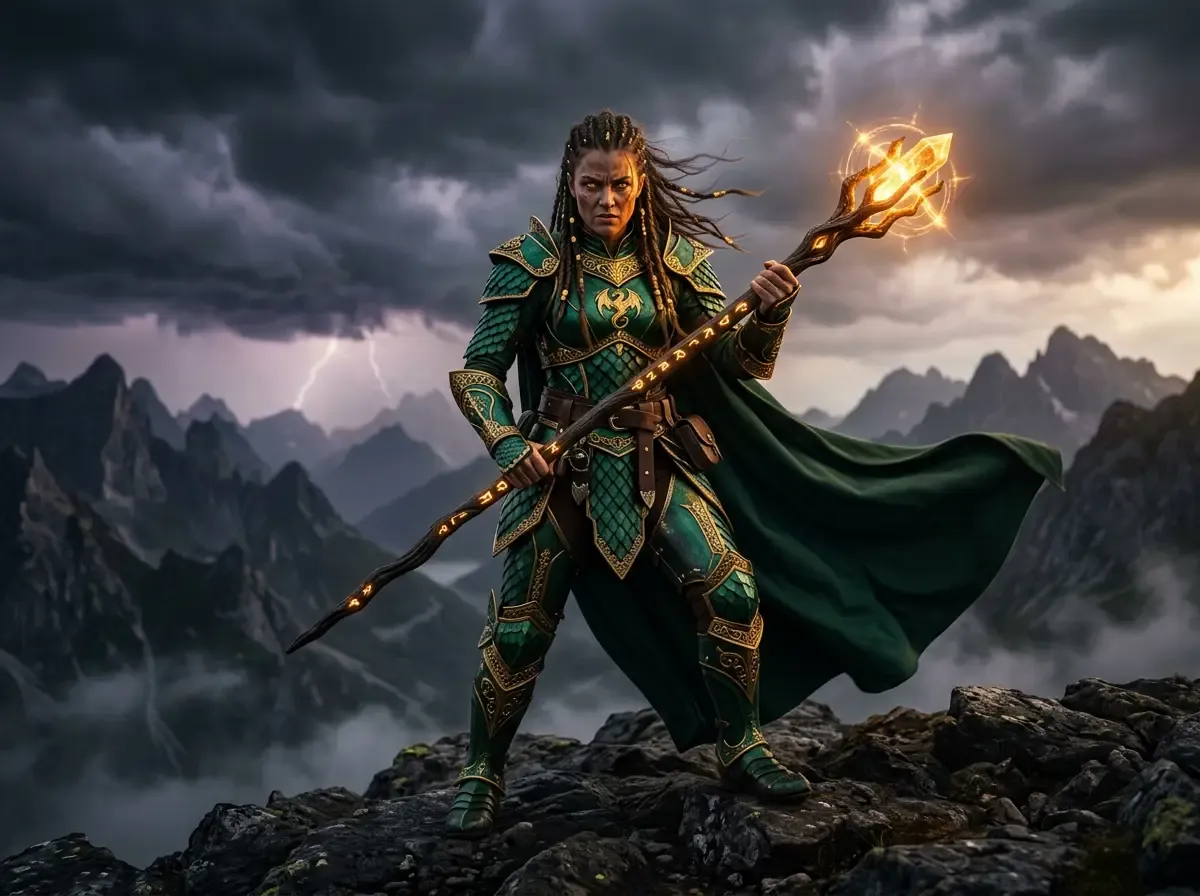 Dragon-scale sorceress cosplay portrait in emerald armor with glowing staff on stormy mountain ridge