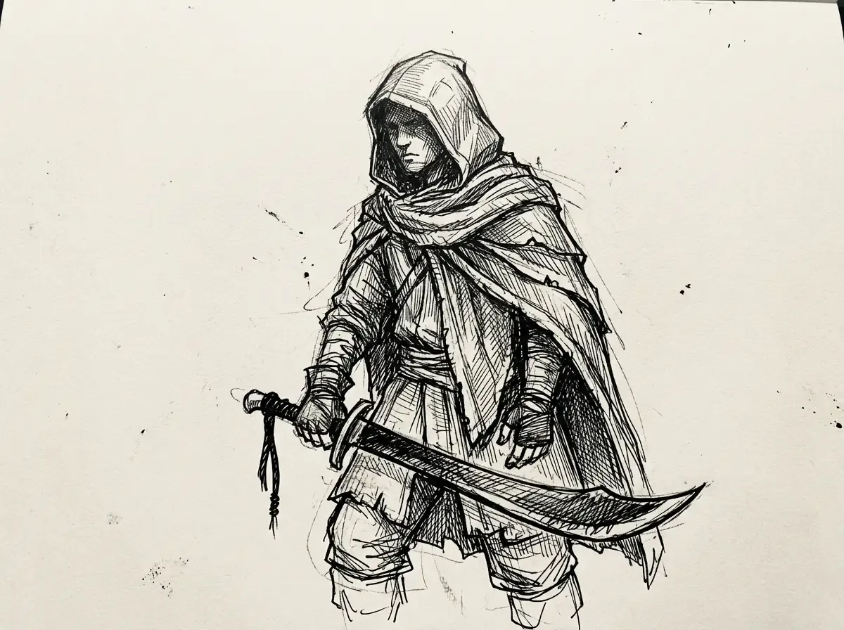 Rough pen-and-ink character sketch of cosplayer OC in hooded cloak with curved blade