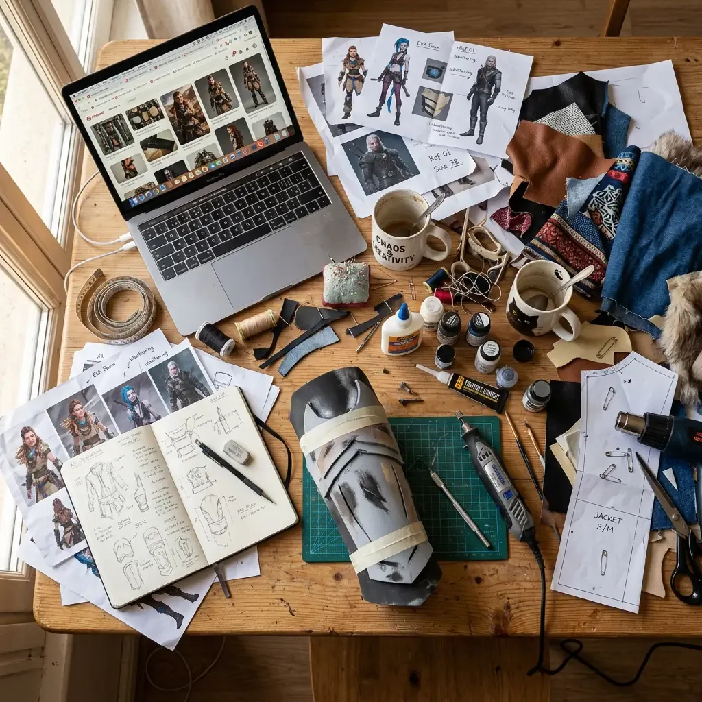 Chaotic cosplay workspace flat-lay with torn references, fabric, and cluttered laptop
