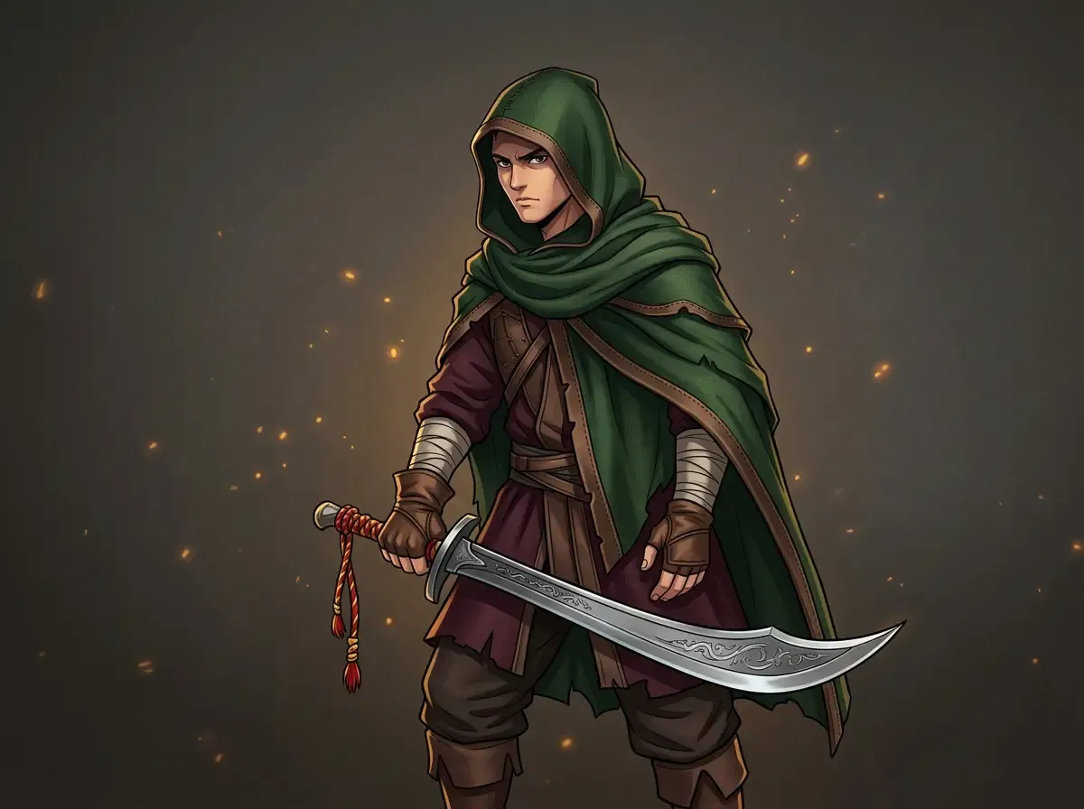 Polished anime cosplay portrait restyled from a hooded character sketch, vibrant clean linework