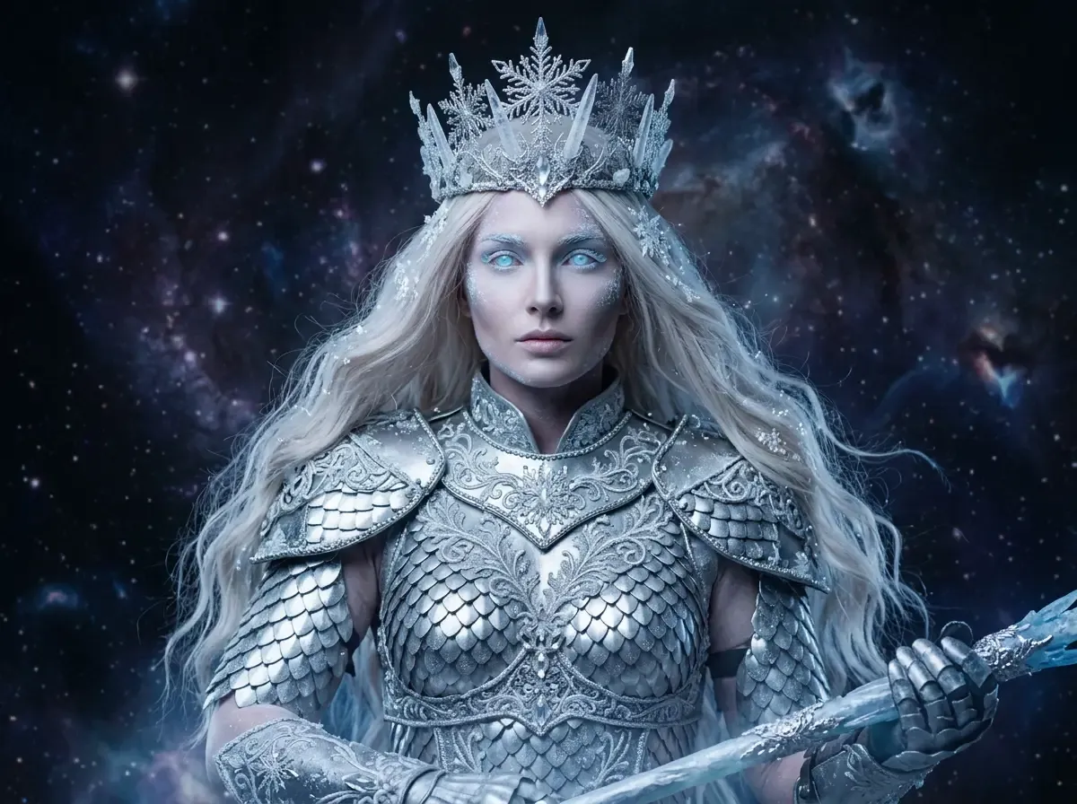 Ethereal ice queen cosplay portrait with silver armor and snowflake filigree crown against cosmic nebula