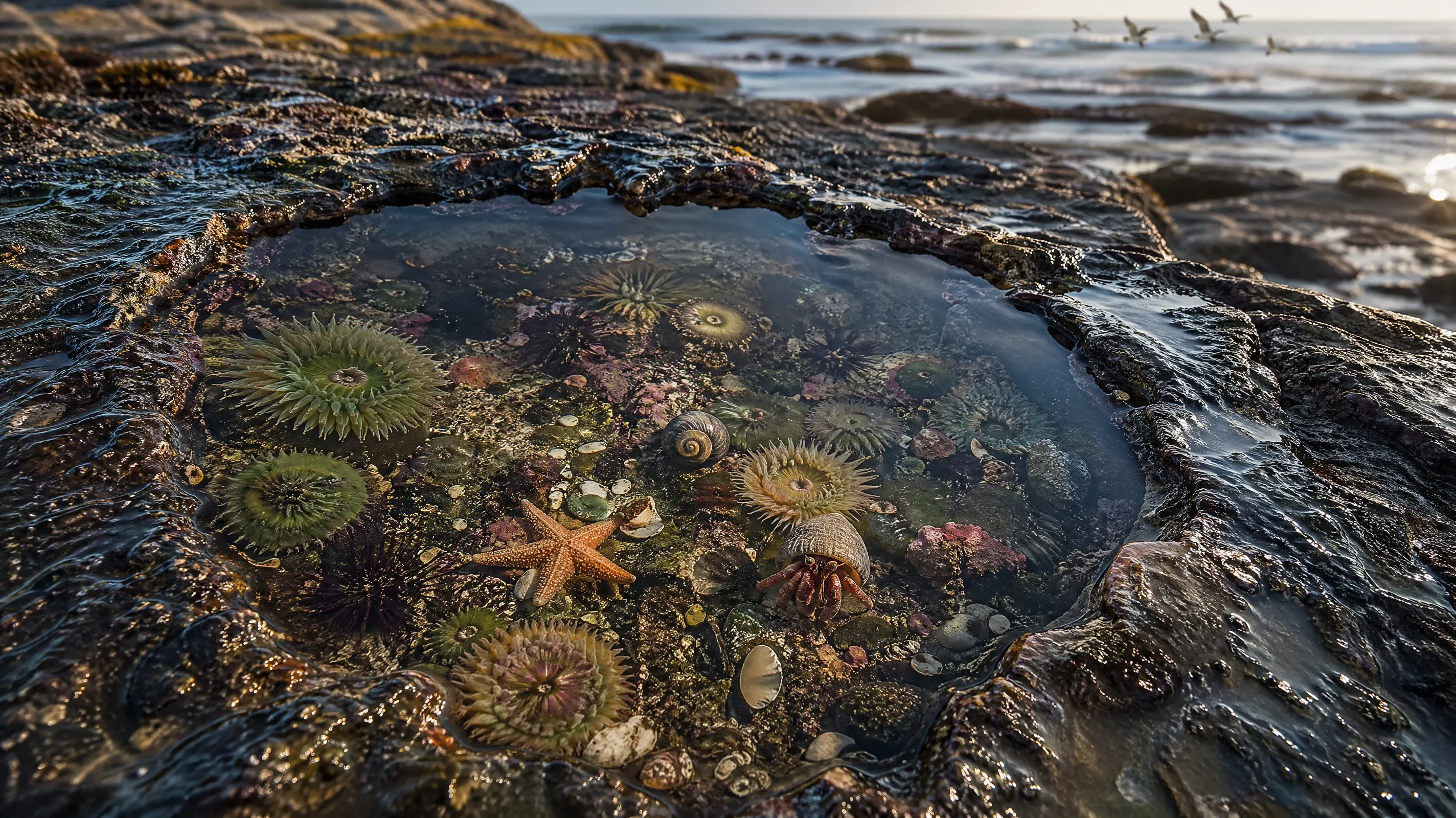AI stock beach photo of a tide pool at low tide with hermit crabs and a starfish visible in clear shallow water.