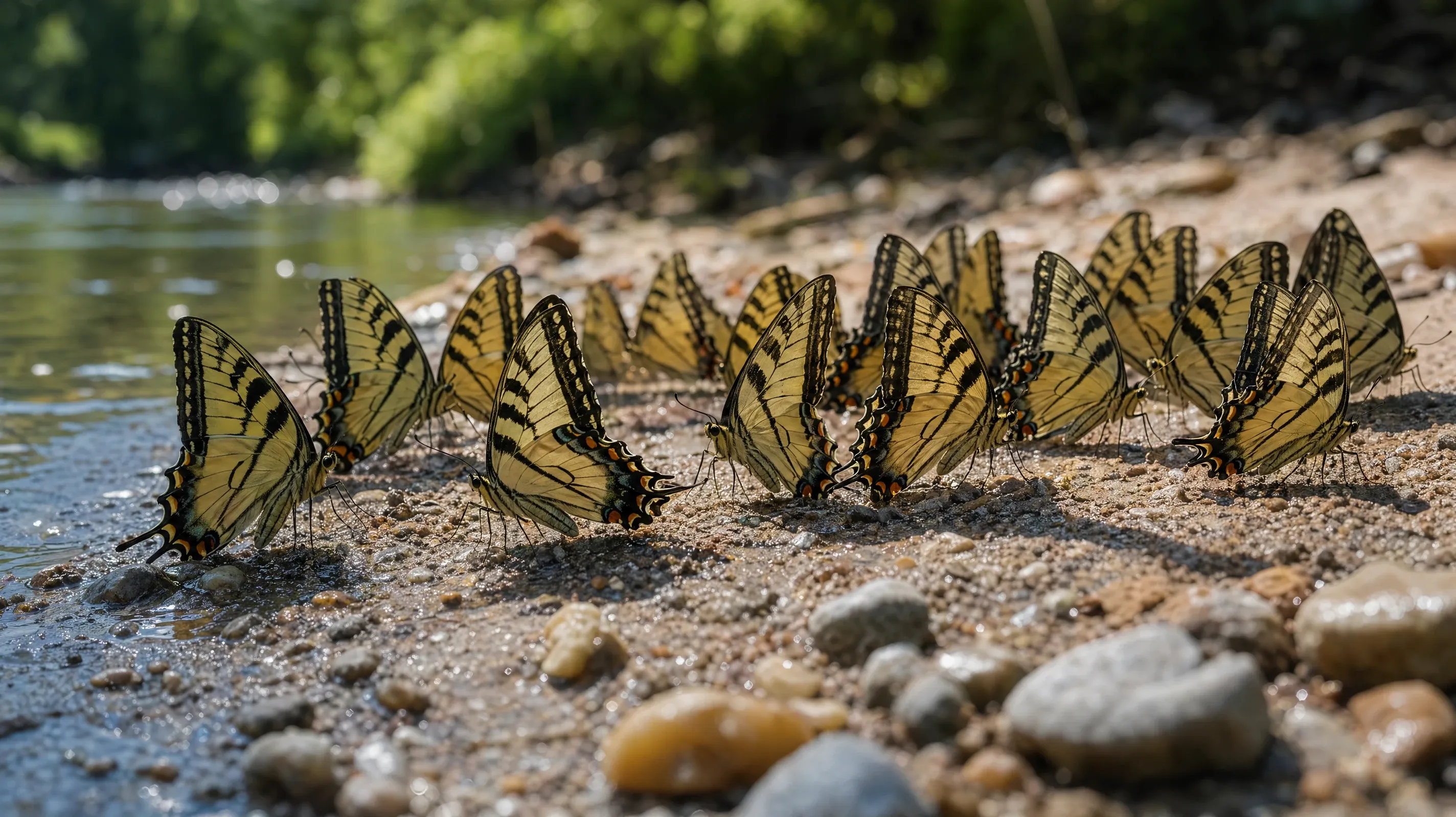 AI stock butterfly photo of swallowtails mud-puddling on a wet riverbank in dappled morning light.