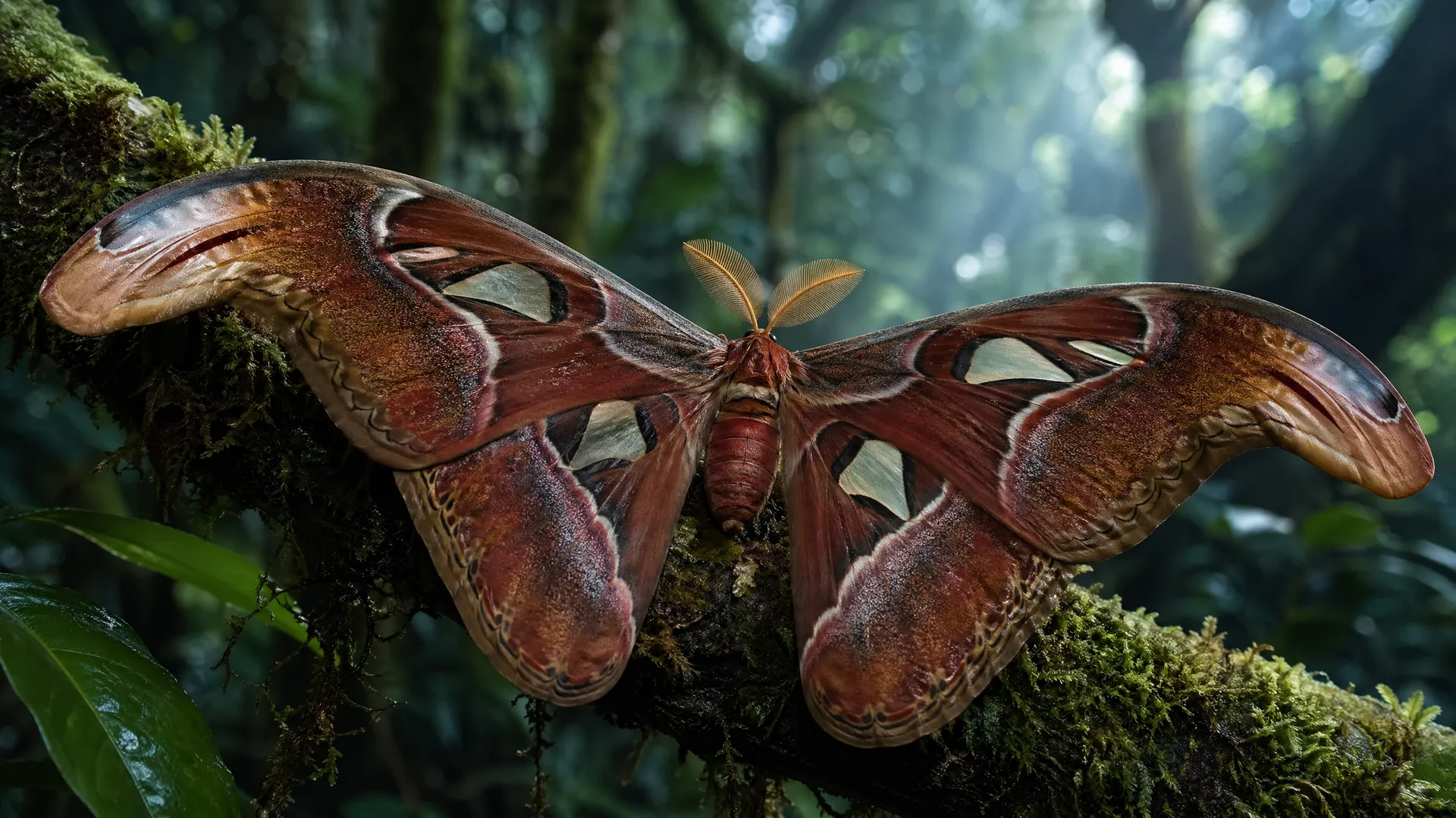 AI stock butterfly image of an Atlas moth at first light on a moss-covered branch in Madagascan jungle.