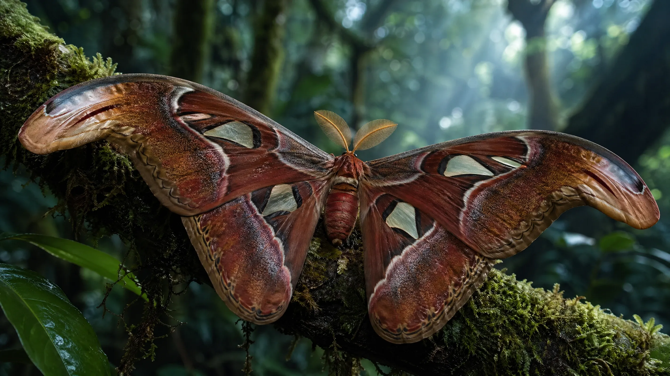 AI stock butterfly image of an Atlas moth at first light on a moss-covered branch in Madagascan jungle.