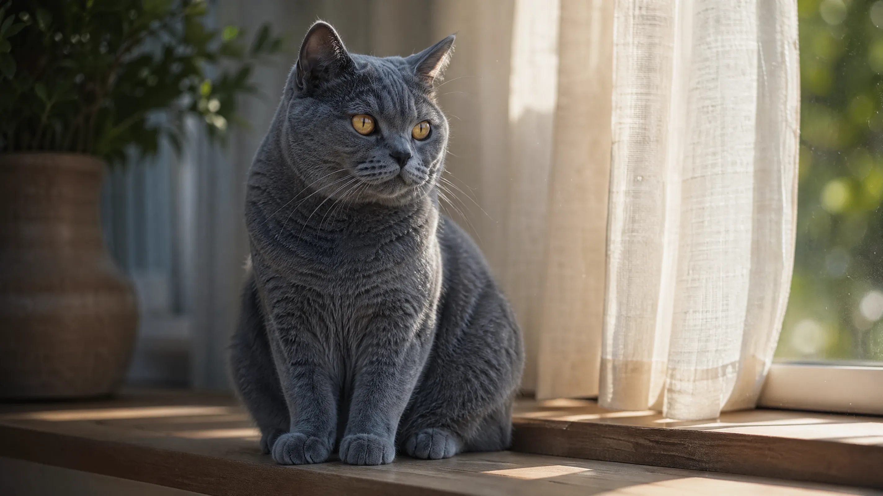 AI stock cat image of a British Shorthair on a sunlit windowsill in soft morning light