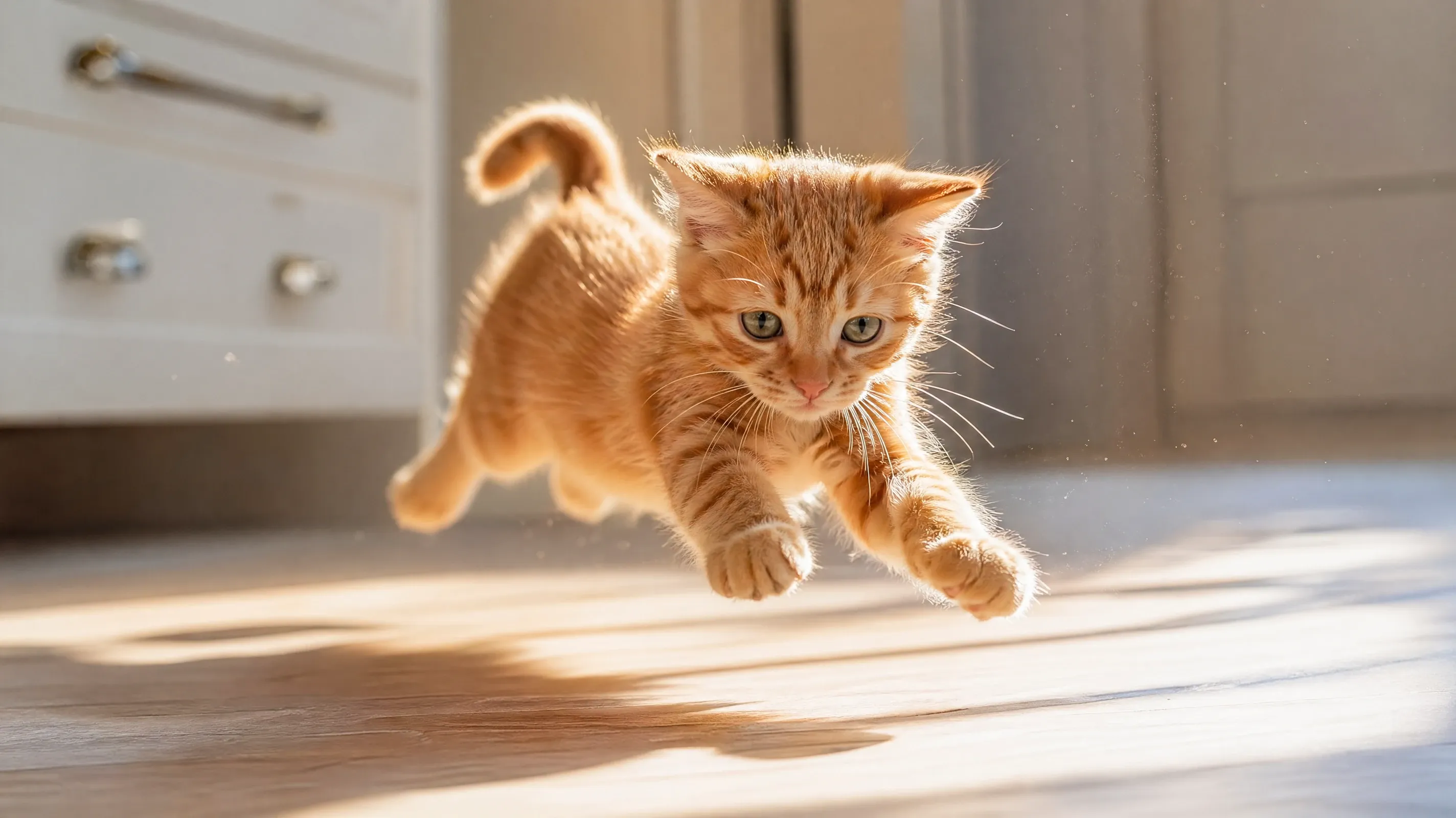 AI cat stock photo of a ginger tabby kitten leaping mid-air across a sunlit kitchen floor