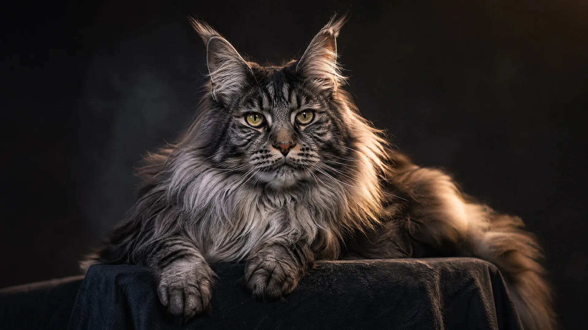 AI stock cat image of a long-haired Maine Coon in a professional studio portrait with dramatic side light