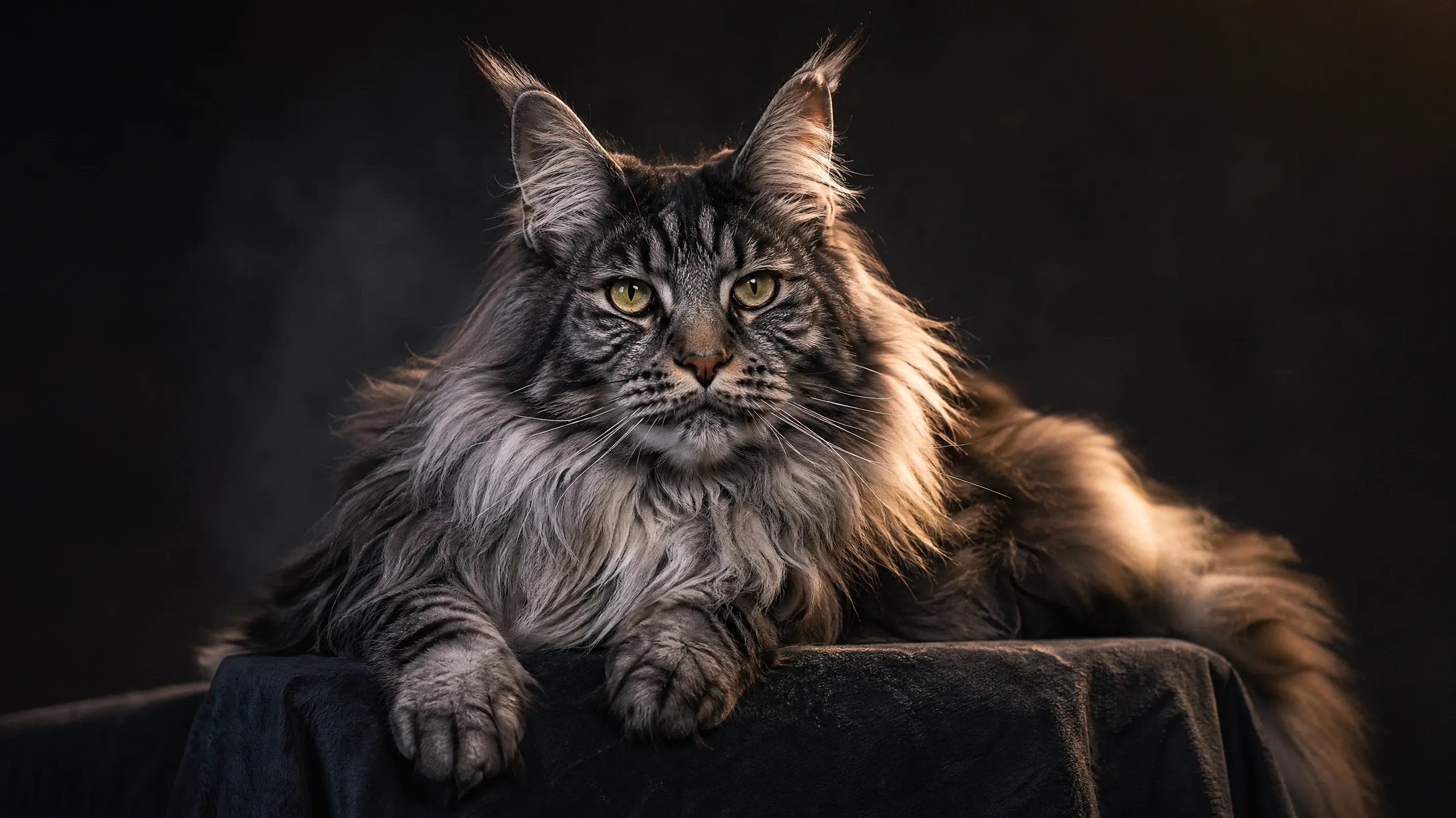 AI stock cat image of a long-haired Maine Coon in a professional studio portrait with dramatic side light