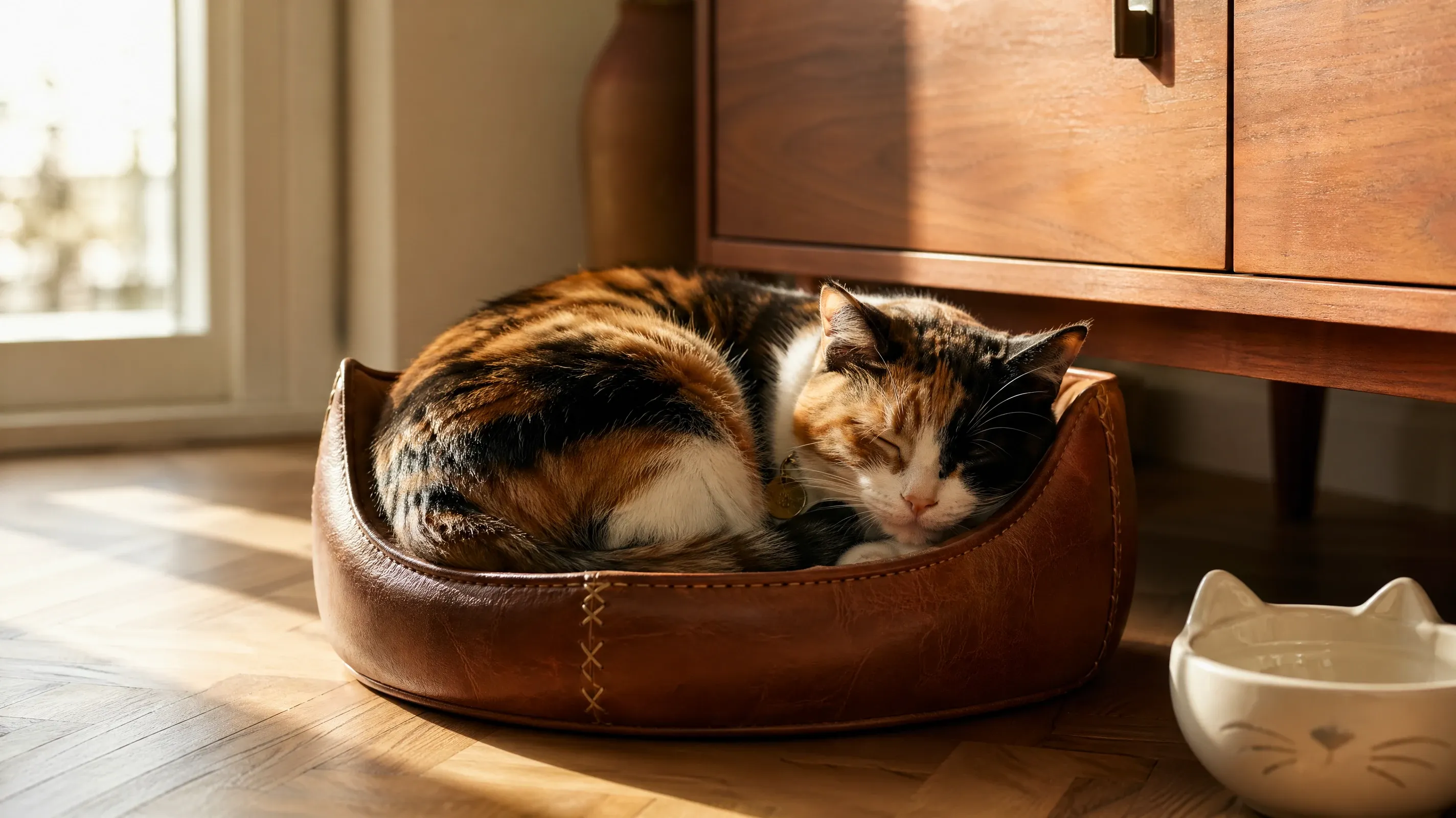 AI stock cat image of a calico cat asleep in a leather pet bed in a sunlit apartment