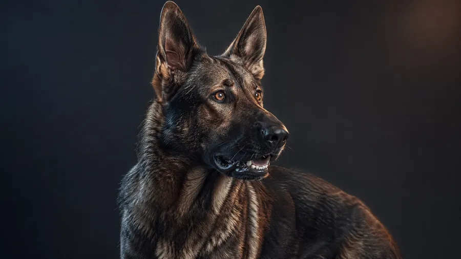AI stock dog image of a working German Shepherd in an alert studio portrait