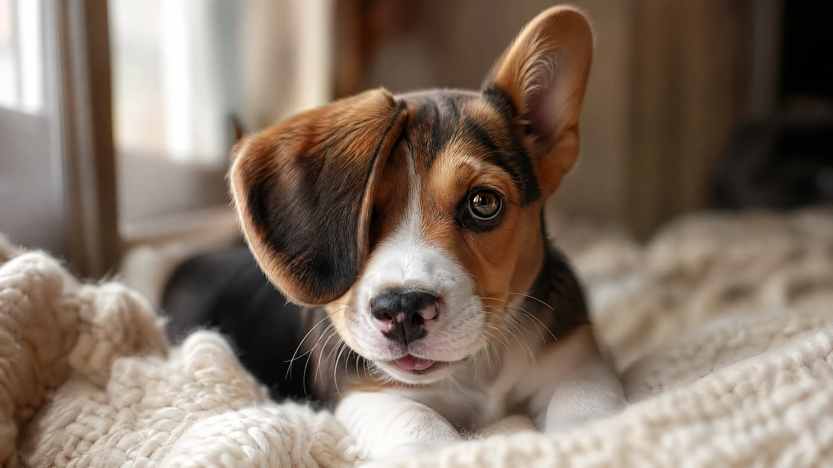 AI dog stock photo of a beagle puppy with one ear flopped over its eye in soft window light