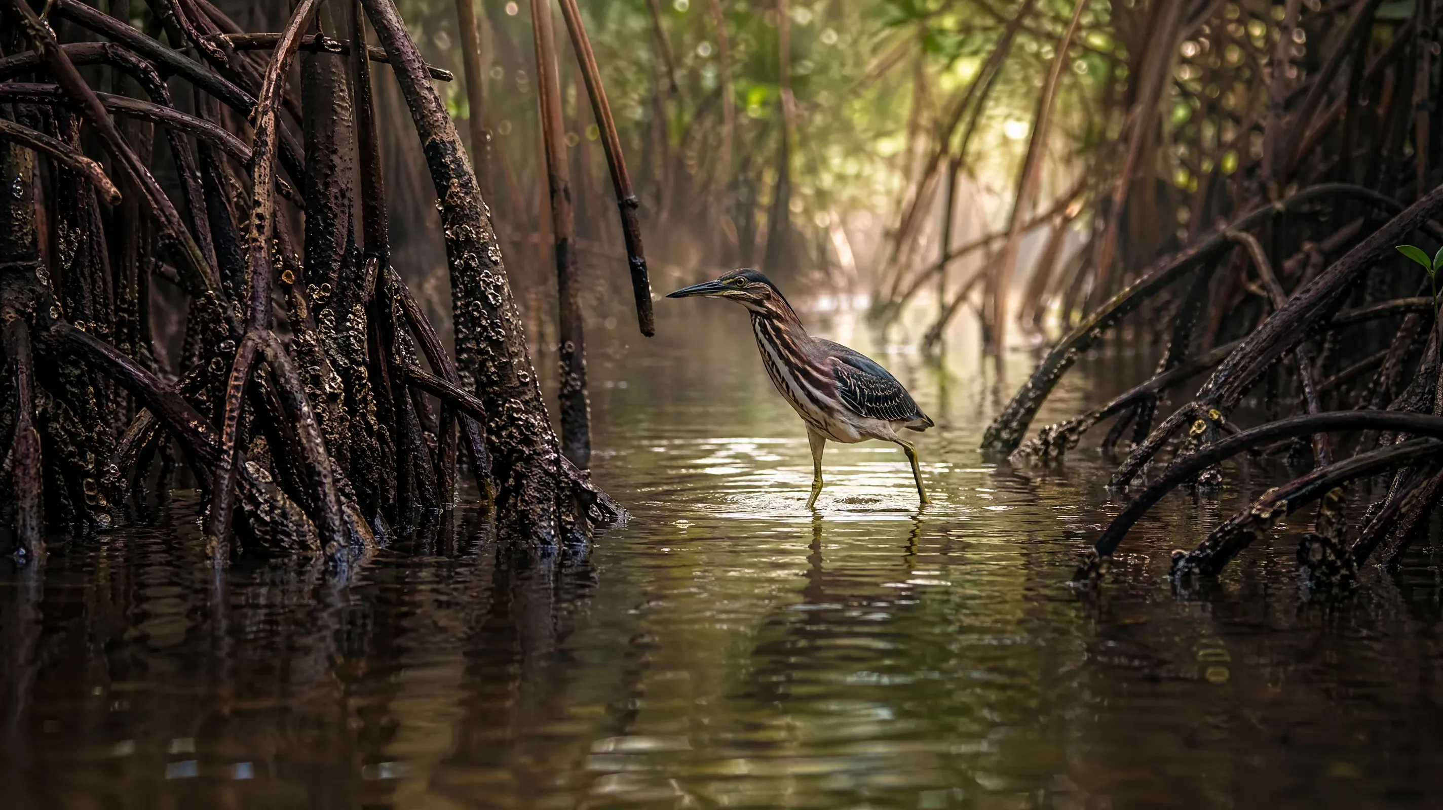 AI-generated stock nature photo of a mangrove tidal channel at dawn with a heron stepping between prop roots.