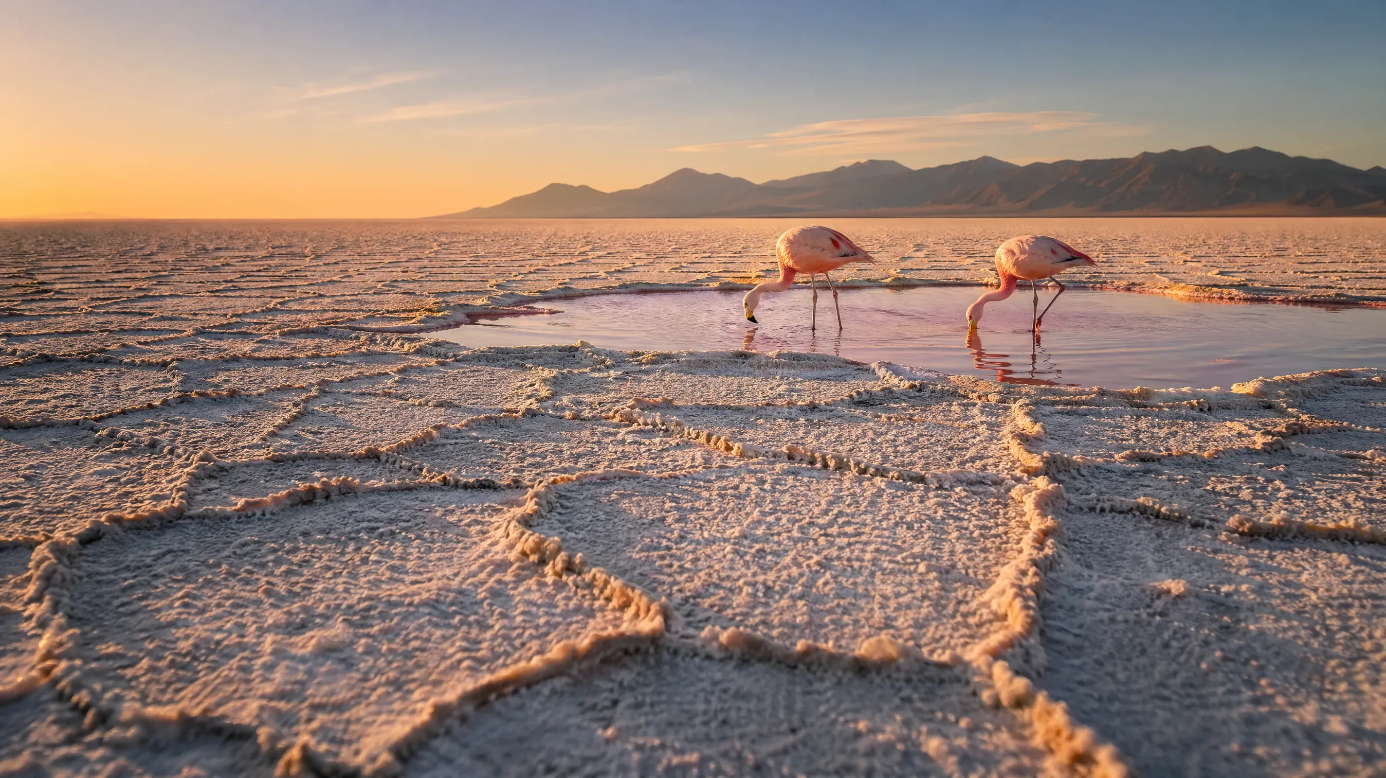 AI stock nature image of a salt flat at golden hour with flamingos in a brine pool and hexagonal salt patterns.