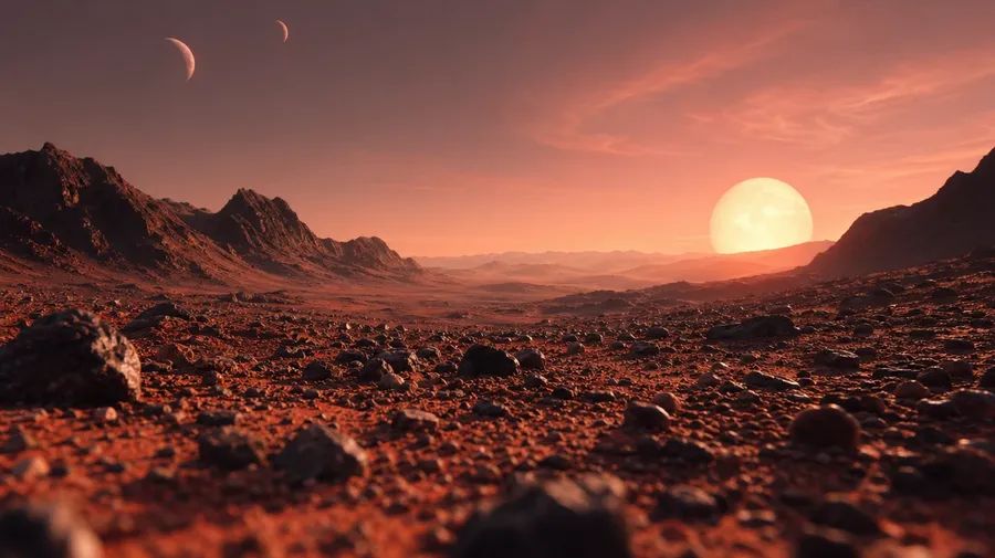 AI stock space photo of a rocky exoplanet surface at noon under a low red dwarf with sister planets above.