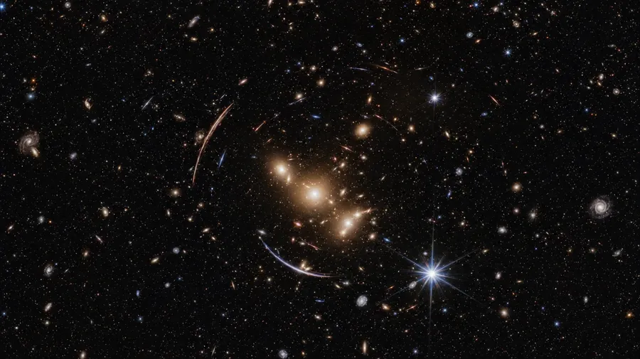 AI stock space image of a JWST-style deep field with gravitational lensing arcs around a galaxy cluster.