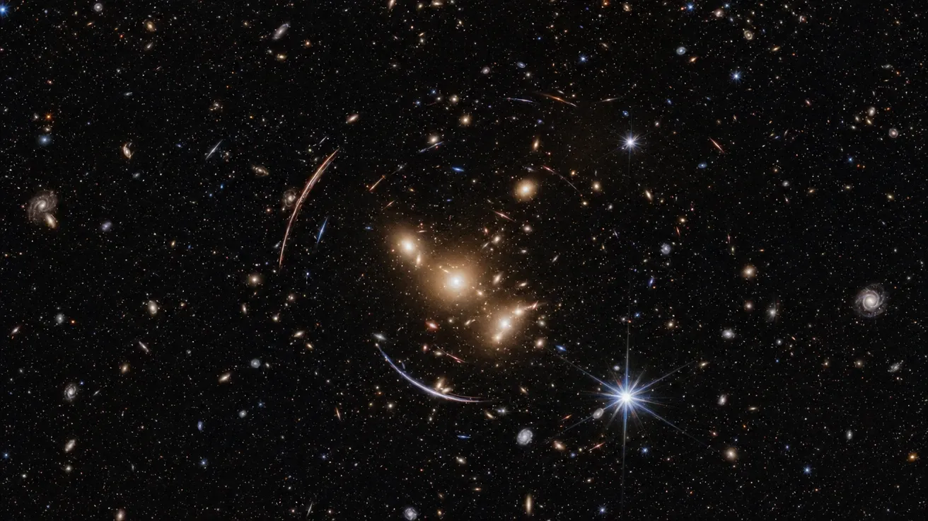 AI stock space image of a JWST-style deep field with gravitational lensing arcs around a galaxy cluster.