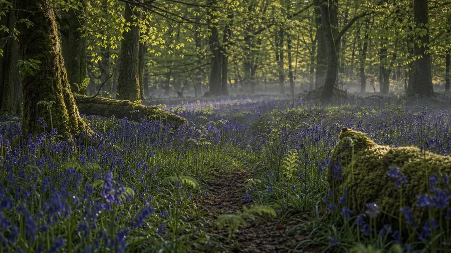 AI stock spring photo of a Welsh bluebell wood at dawn in late April with morning mist in the understory.