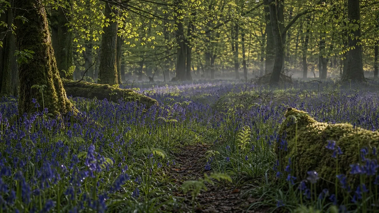 AI stock spring photo of a Welsh bluebell wood at dawn in late April with morning mist in the understory.
