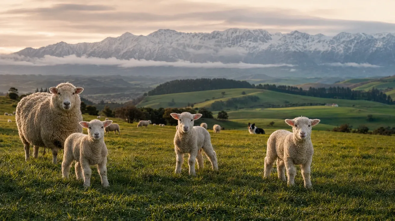 AI stock spring image of a New Zealand sheep farm at dawn with ewes and newborn lambs and snow-capped Alps.