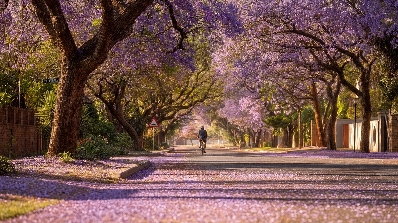 AI stock spring image of a Pretoria jacaranda street in early October with purple petals carpeting the road.