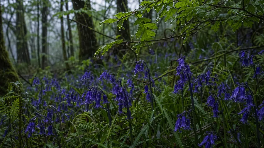 AI stock spring image of a Welsh bluebell wood during a cold April rainstorm with raindrops on flowers.