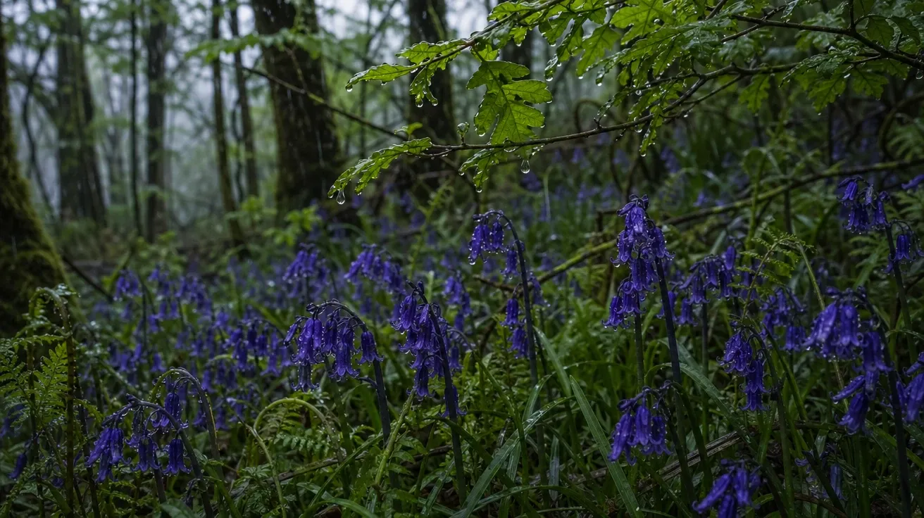 AI stock spring image of a Welsh bluebell wood during a cold April rainstorm with raindrops on flowers.