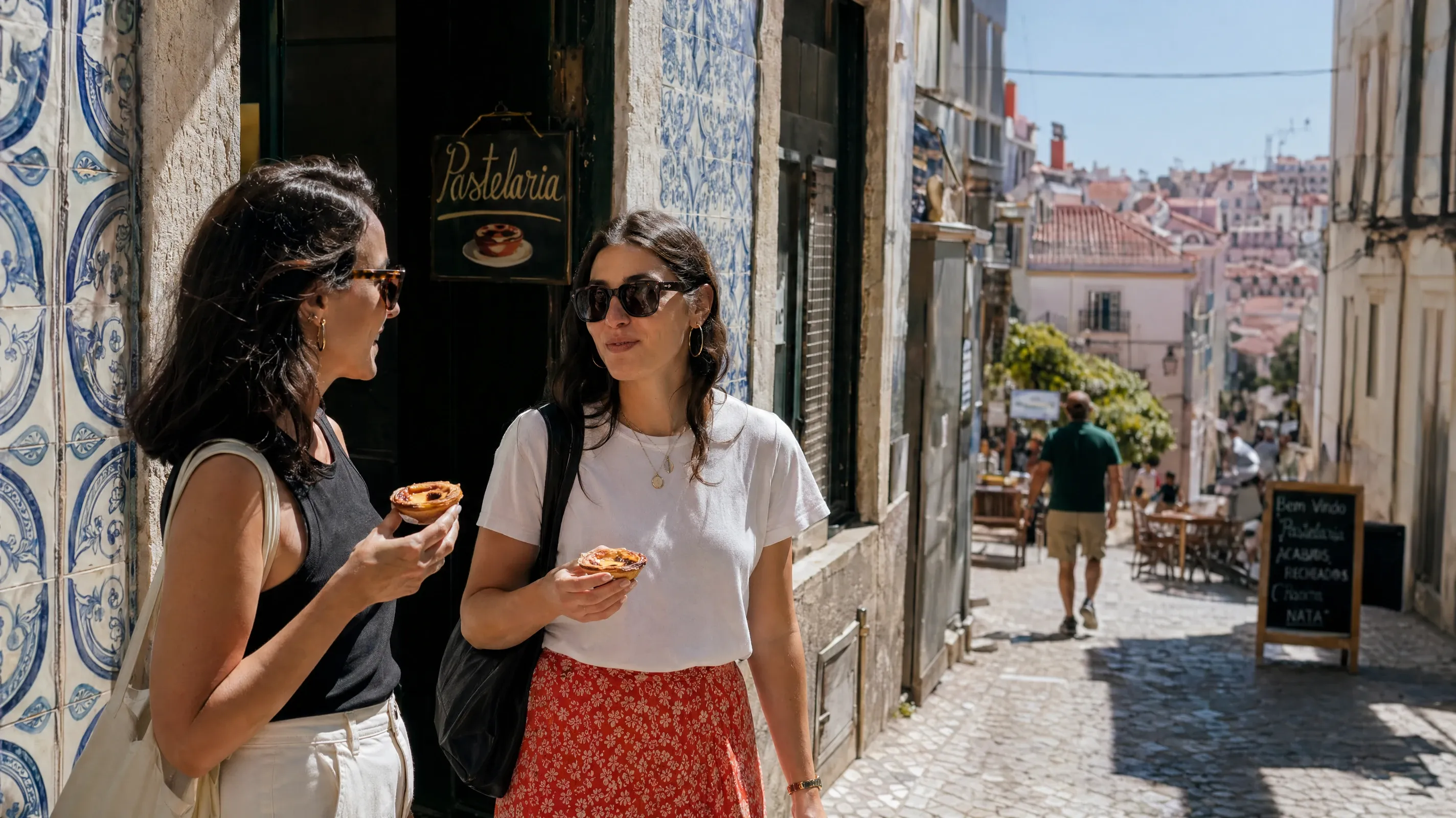 AI stock street photography of two friends sharing a pastel de nata on a tiled Lisbon side street at midday
